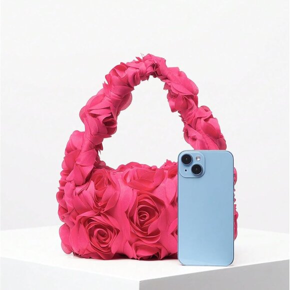 Women's Polyester 3D Flower Clutch Evening Bag Top Handle for Parties - Picture 6 of 7